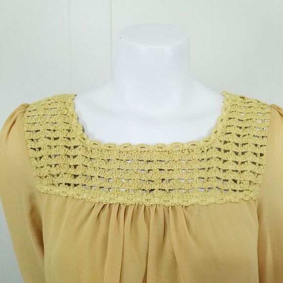 Cottage Boho Entro Dress Small Musturd Marigold Crochet Neck Mini Shift Fall - Picture 2 of 9